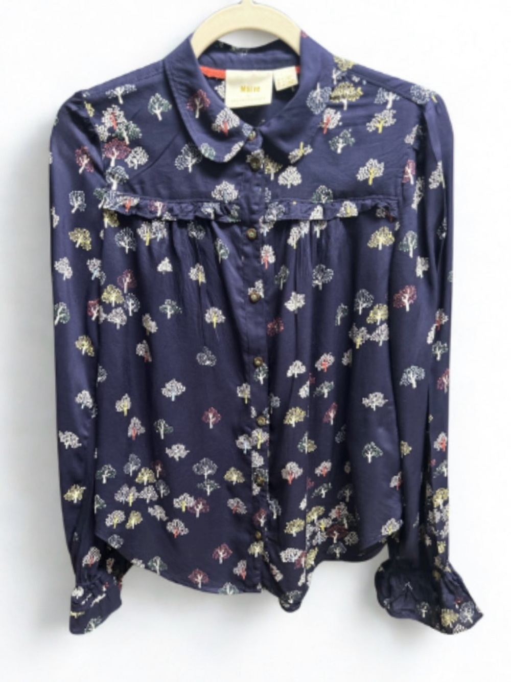 Anthropologie Maeve Fredericka Tree Print Ruffle Button Down Blouse Navy EUC 6